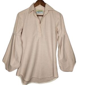 Tish Cox balloon bottom sleeve v neck tunic‎ top XS Pink, Gray, White Stripe